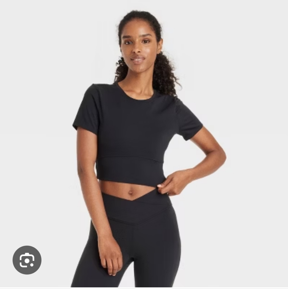 JoyLab Women's Cropped Short Sleeve Crossover Back Athletic Top ~ Black